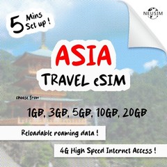 NeuSIM Asia eSIM 1-3GB Data – 10 Destinations | Same Day DELIVERY!