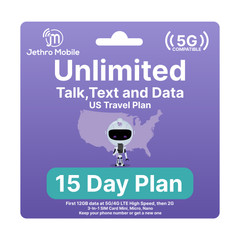 Jethro Mobile Prepaid USA Travel SIM Card 15 Days Unlimited Talk, Text, and Data