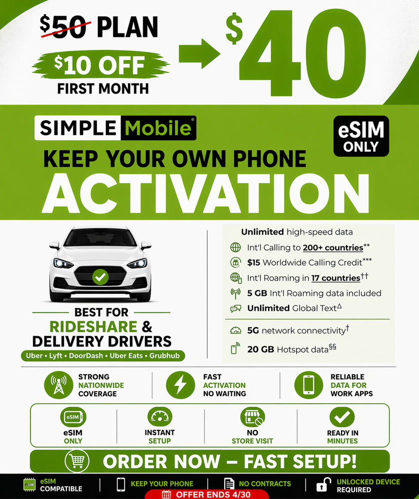 Simple Mobile Activation $50 Plan $40 First Mo. Save $10 eSIM Instant NoContract