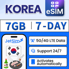 Korea eSIM – 7GB High-Speed, 7 Day SKT JetSim/Travel SIM
