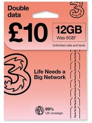 PrePaid Europe (UK THREE) sim card 12GB data+3000 minutes+3000 texts for 30…