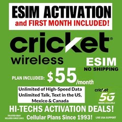 CRICKET ▶▶ ESIM ⭐ INCLUDES ✅ 30 DAYS UNLIMITED TALK/TEXT/DATA ✅ 5G SPEEDS!!