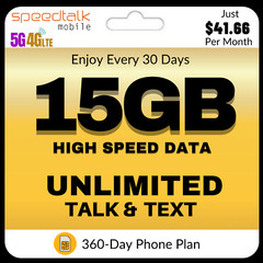SpeedTalk Prepaid SIM Card Kit Unlimited Talk & Text 15GB Data Phone 1 year Plan