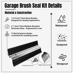 3″ Garage Door Brush Seal Kit, for Roll Up Doors 8 x 8ft, Nylon Brush Aluminum