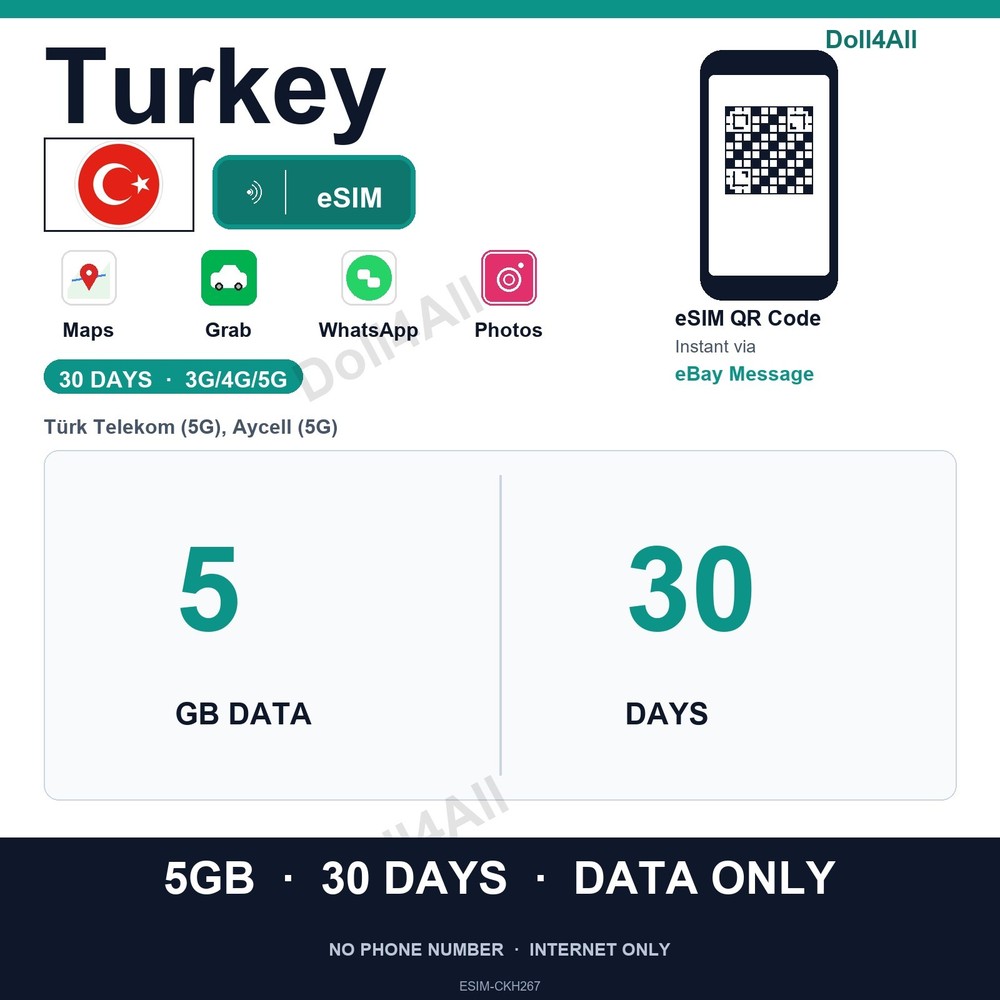 Turkey eSIM 5GB 30Day Instant QR 5G Data Only Travel No Plastic SIM