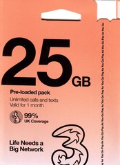 Three UK New PrePaid Europe SIM Card 25GB Data Un Minutes/Texts for…