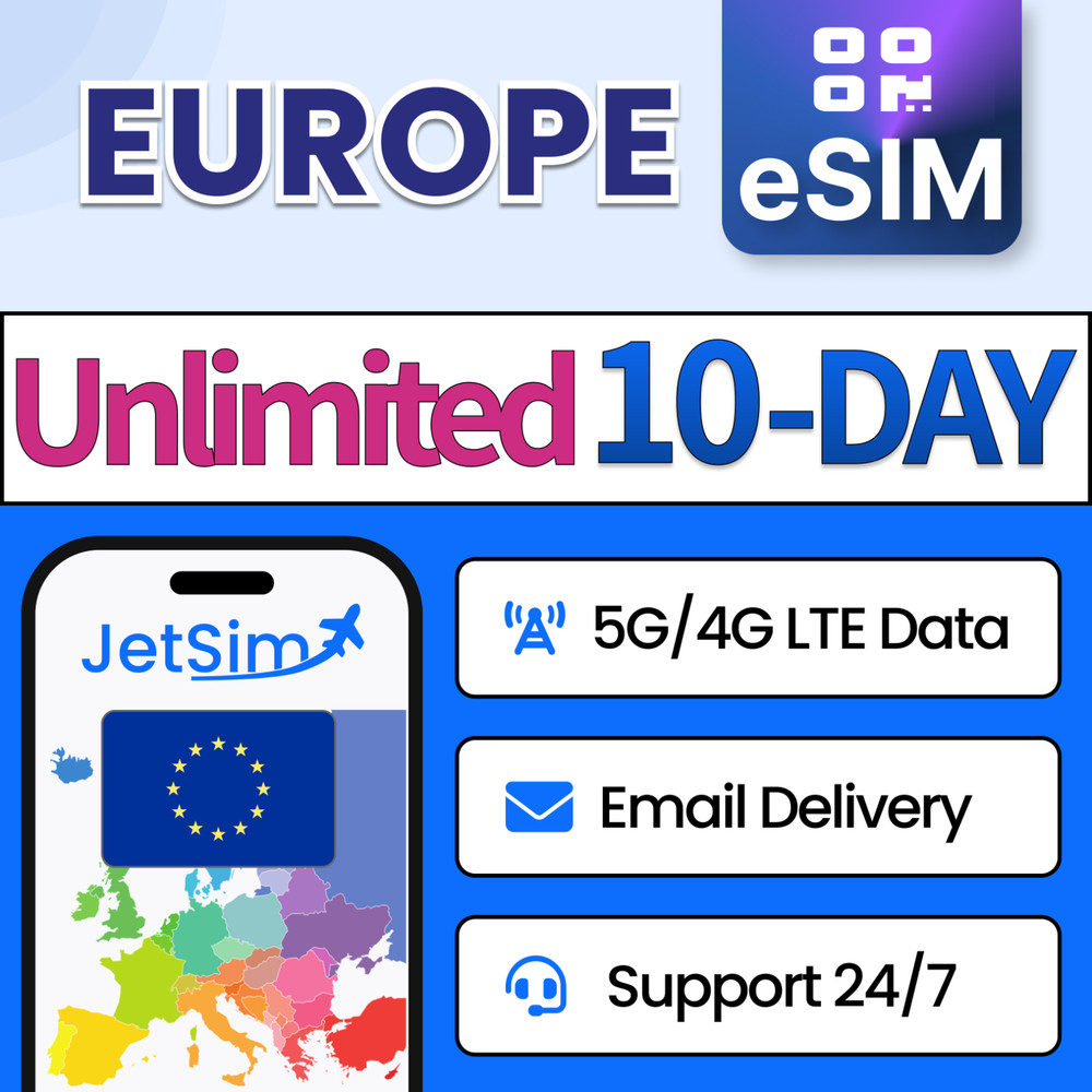 Europe eSIM (10 Days), Unlimited High-Speed Data, JetSim Travel SIM Card