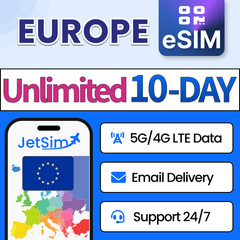 Europe eSIM (10 Days), Unlimited High-Speed Data, JetSim Travel SIM Card