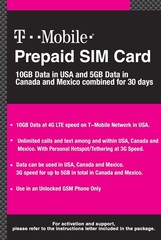 10GB Prepaid SIM Card for USA with 5GB in Canada/Mexico – Unlimited Talk/Text