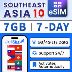 Southeast Asia 10 Countries eSIM – 7GB High-Speed, 7 Day JetSim/Travel SIM