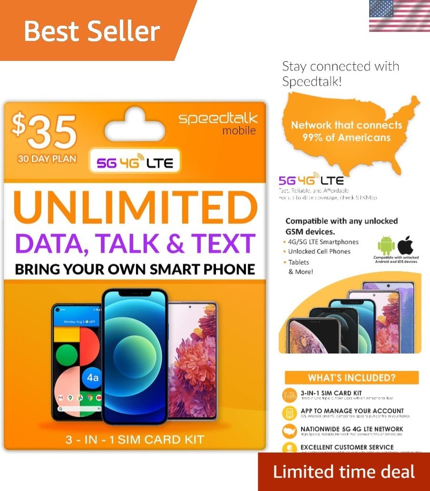 Unlimited Minutes & 10GB Fast Data with 35 Preloaded SIM Card Kit – 30 Day Plan