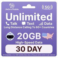 Jethro Mobile Prepaid SIM Card Kit Unlimited Talk Text, 20GB Data a Month 5G LTE