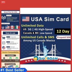 Prepaid SIM Card 12 Days Unlimited Data 5G 4G LTE US Canada Mexico Tri-Cut