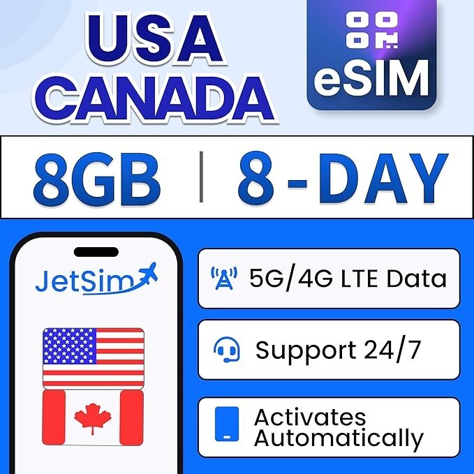 JetSIM Canada eSIM Data Only (8 Days), 8GB High-Speed Data, No Activation Requir
