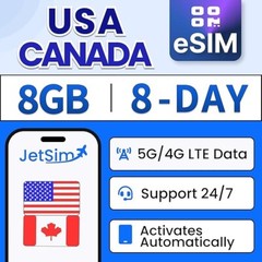 JetSIM Canada eSIM Data Only (8 Days), 8GB High-Speed Data, No Activation Requir