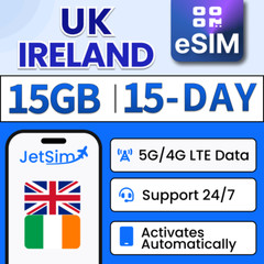 UK & Ireland eSIM – 15GB High-Speed(1GB/Day), 15 Day JetSim/Travel