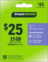 Simple Mobile ESIM Activation $25 Plan Unl Talk,Text & 15 GB Of Data 30 Days