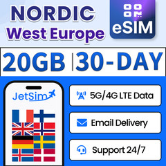 Nordic Travel SIM Card 20GB High-Speed, 30 Day Norway, Denmark, Finland, & More