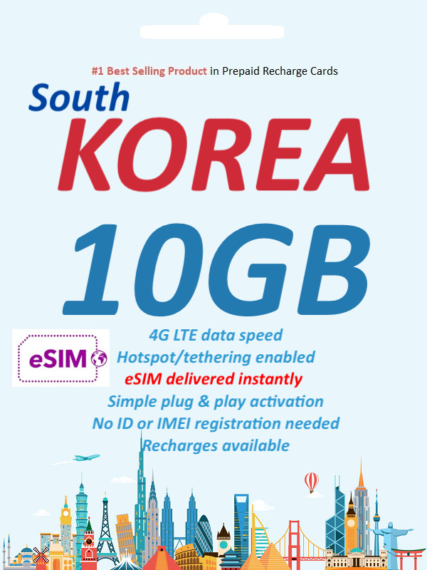 South Korea Travel eSIM – 7 to 30 Days – 10GB 4G/LTE Data -No Physical SIM – SKT
