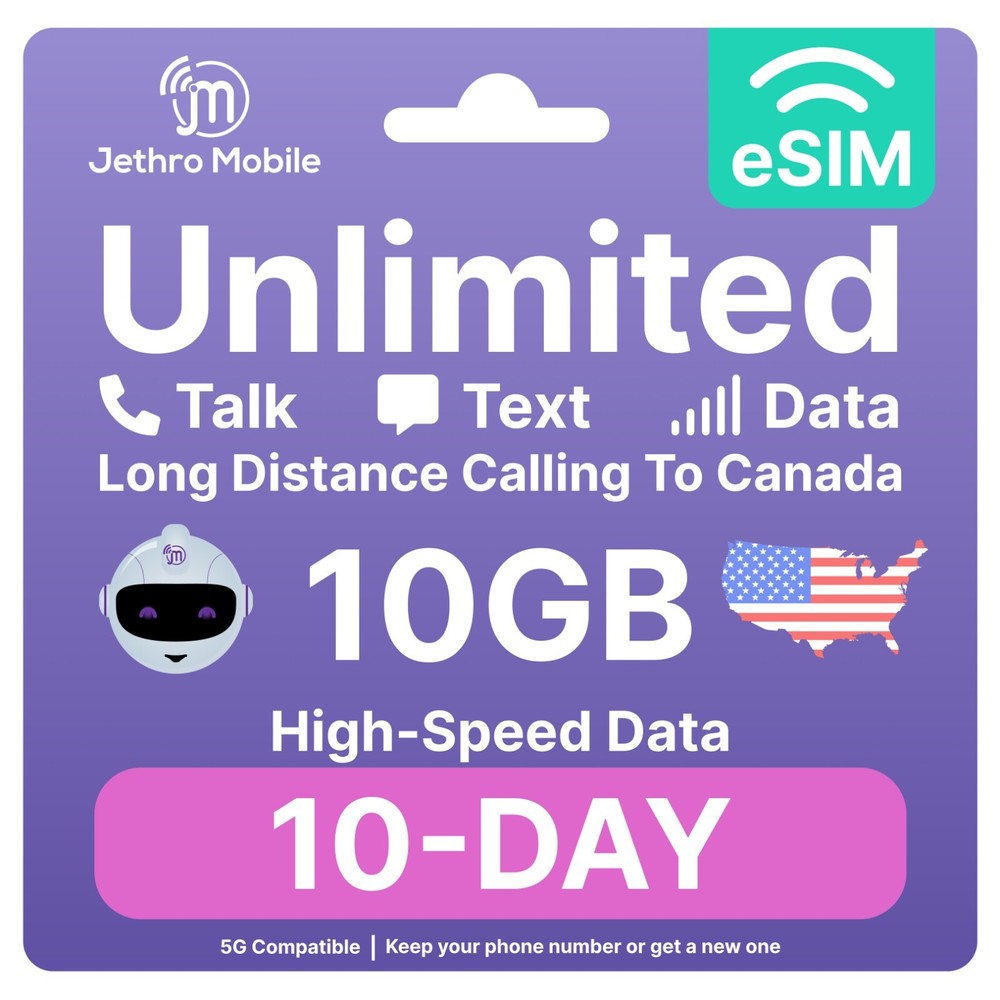 Jethro Mobile Prepaid eSIM USA 10 Days Unlimited Talk, Text, & 10GB High-Speed