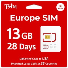 TSIM Europe SIM Card with USA Coverage | 13GB Data + Unlimited Local Calls in…