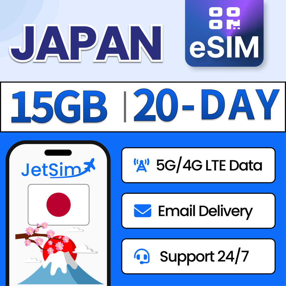 Japan eSIM – 15GB High-Speed Data, 20 Day Docomo JetSim Digital Travel SIM Card