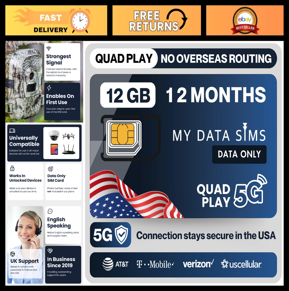 12GB IoT SIM Card for Unlocked Security Cameras, Solar & Hunting – 4G/5G Data On