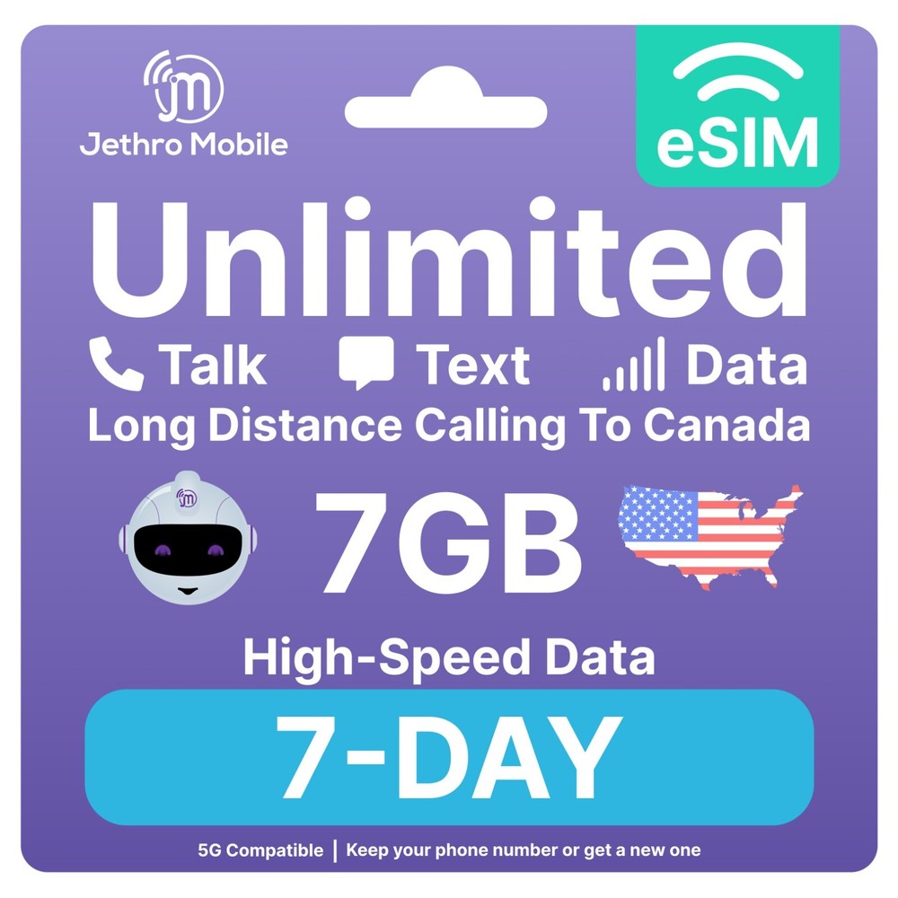 Jethro Mobile Prepaid eSIM USA 7 Days Unlimited Talk, Text, & 7GB High-Speed
