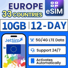 JetSim Europe eSIM (12 Days), 10GB High-Speed Data, Travel in 33 EU Countries