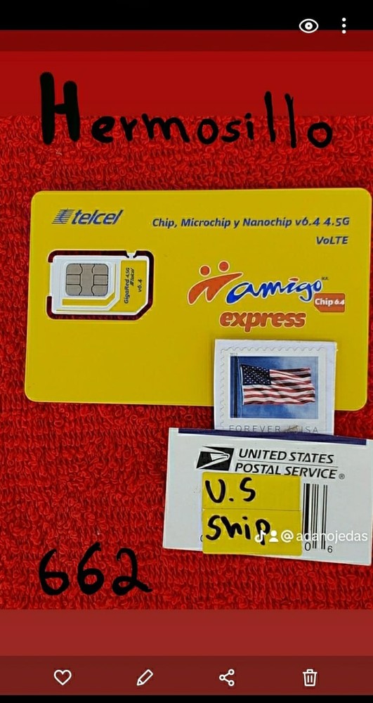 SIM CARD TELCEL HERMOSILLO SONORA MEXICO LADA 662 UNLIMITED CALLS,SMS.TRUE.