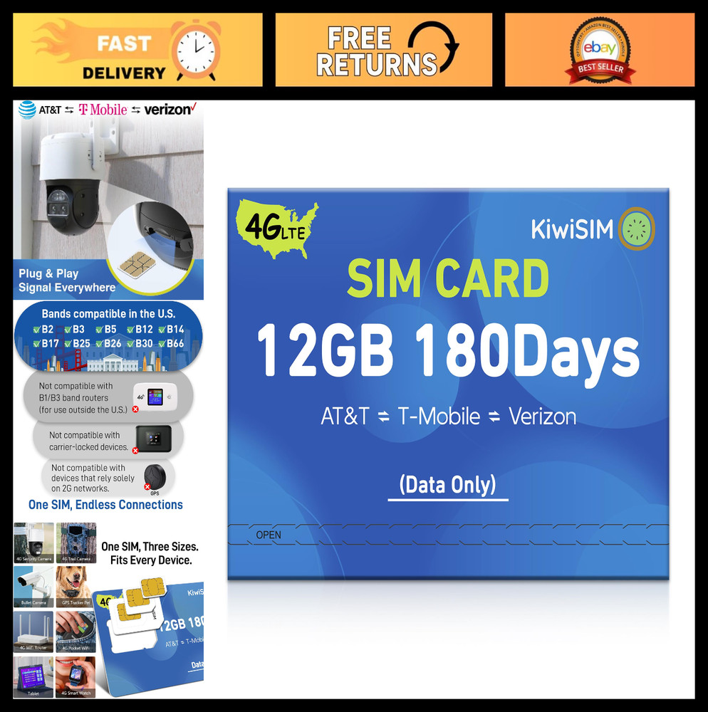 12GB Data SIM Card – 180 Days 4G LTE for Unlocked Devices, GPS, Cameras, Radio –