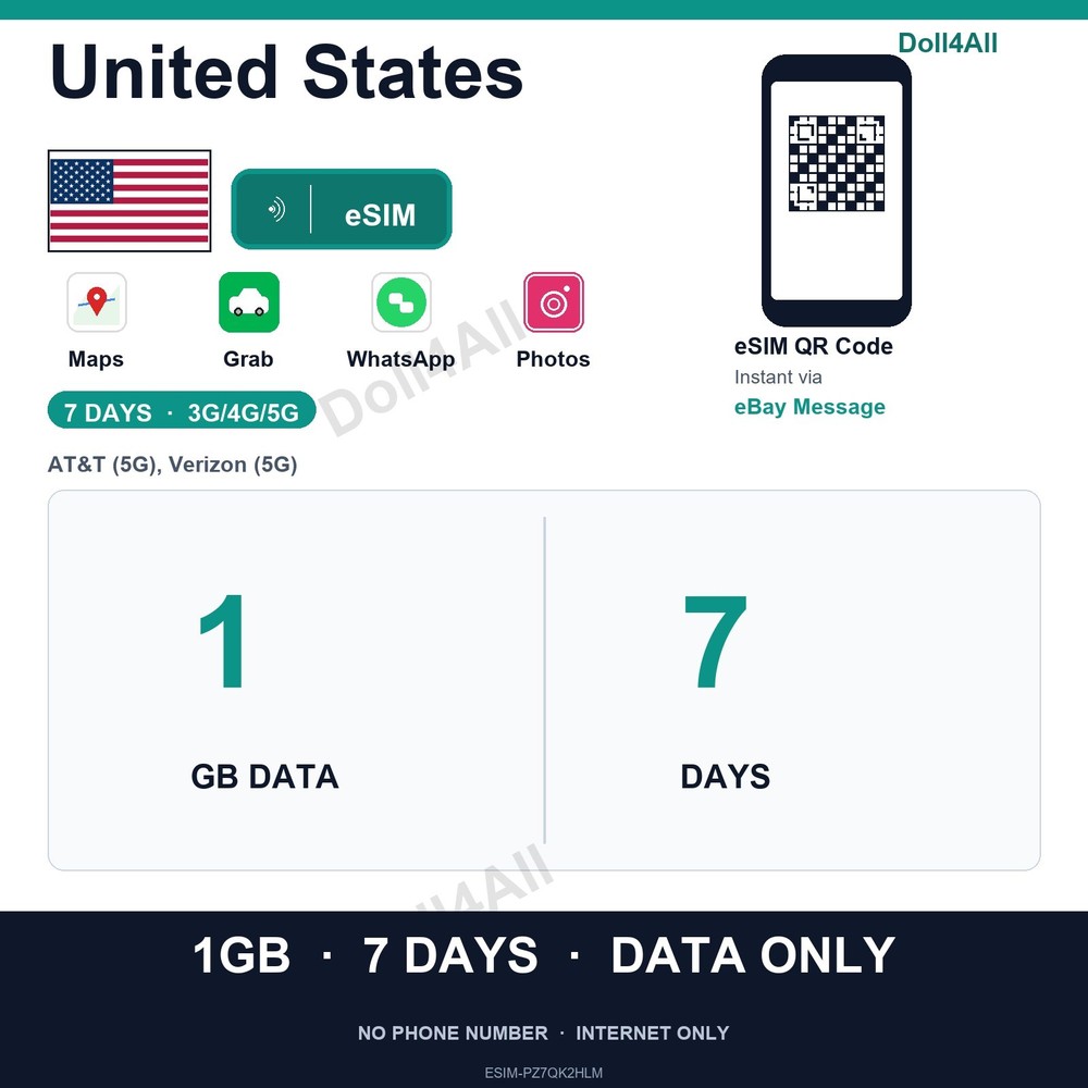 United States eSIM 1GB 7Day Instant QR 5G Data Only Travel No Plastic SIM