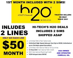 H2O H20 WIRELESS 2 SIMS ✅ 2 LINES ✅ 2 SIMS X 1 MONTH INCLUDED ✅ $25 LINE !