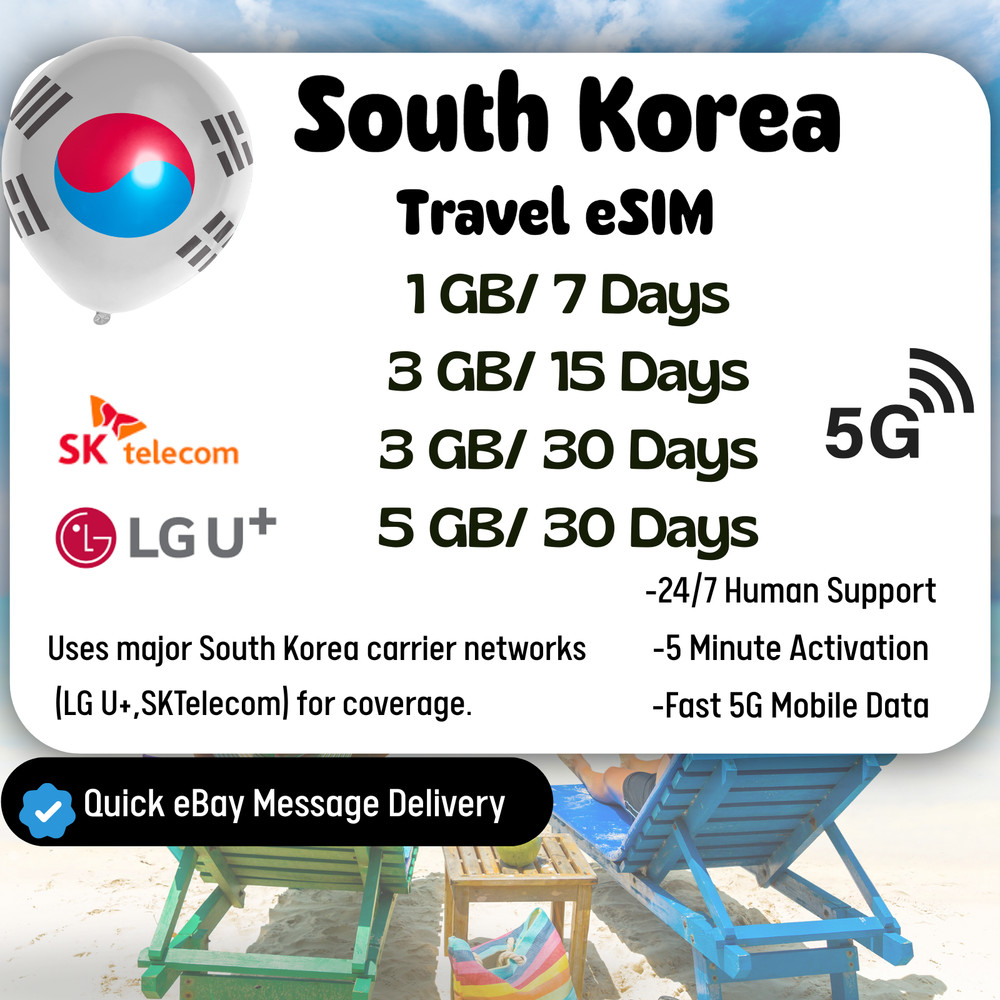 South Korea Travel eSIM Card, 1-5GB,7-30Days,QR Code,Same day Delivery, Cheap,