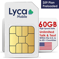Lycamobile $59 Plan SIM Unlimited Talk/Text/Data to 85+ Countries – 60GB 4G/5G