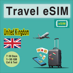 [eSIM] UK United Kingdom Travel SIM Card, 7-30 Days, 1-30GB, QR Code