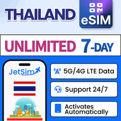 JetSim Thailand eSIM, Unlimited High-Speed Data on Dtac Network (7 Days)