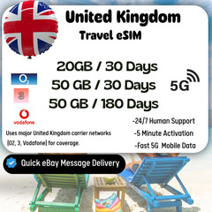 [eSIM]United Kingdom Travel eSIM,20-50GB,30-180Days,QR Code,Same Day Delivery