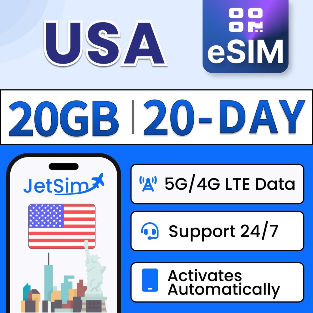 JetSim USA eSIM (20 Days) 20GB High-Speed Data on T-Mobile, & Verizon