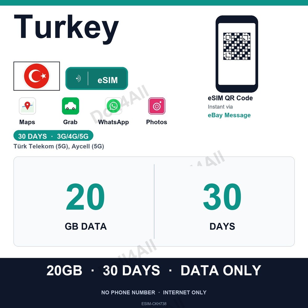 Turkey eSIM 20GB 30Day Instant QR 5G Data Only Travel No Plastic SIM