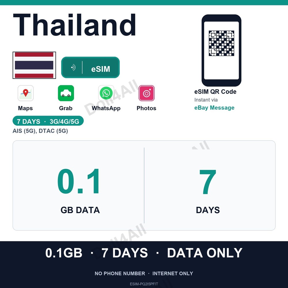 Thailand eSIM 0.1GB 7Day Instant QR 5G Data Only Travel No Plastic SIM