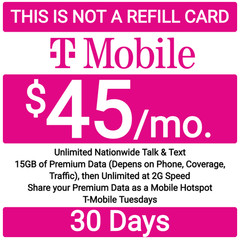 T-Mobile Prepaid $45 Unlimited Talk, Text, 15GB Data Plan – 30 Days