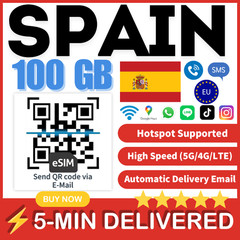 [eSIM] 100GB Spain eSIM SMS Unlimited Calls EU Roaming Voice SMS + 12GB EU eSIM