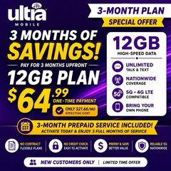 Ultra Mobile Prepaid $29 ( 3 Months ) 12 GB 1 Month Plan With Sim Card Or Esim