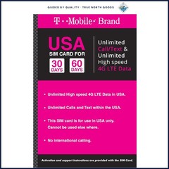 Unlimited Data SIM Card for USA Only, 60 Days of Calls and Texts Included