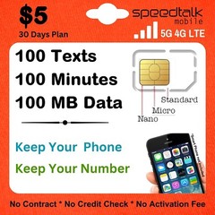 Speedtalk $5 Preloaded SIM Card Kit Talk Text 5G/4G LTE Data Phone Plan 30-Days
