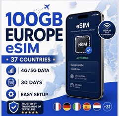 Europe 37 Countries 100/30 Days eSIM – Max Data Hotspot 5G $53 Best Offer!