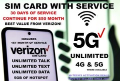 $50 VERIZON SIM ✅ MONTH INCLUDED UNLIMITED T/T + DATA 5G/4G ✅ 5 STAR SUPPORT ✅