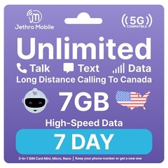 Jethro Mobile Prepaid USA Travel SIM Card 7 Days Unlimited Talk, Text, and Data