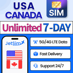 USA and Canada Travel SIM Card- Unlimited High-Speed, 7 Day JetSim